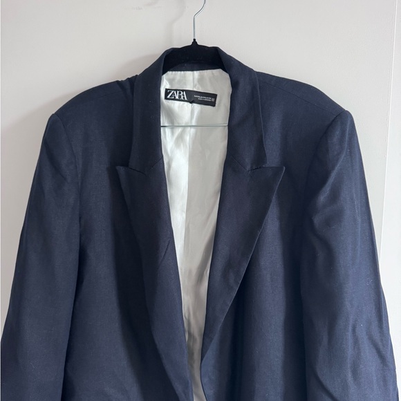 ZARA Navy Linen Blend Blazer XXL Open Front Shoulder Pads Lined - Picture 4 of 6